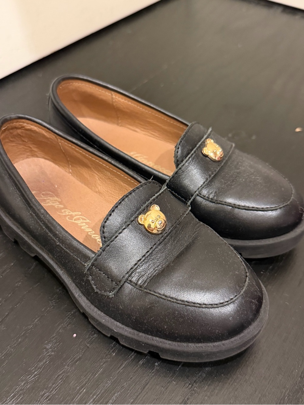 Children's Black Leather Loafers with Gold Bear Accent